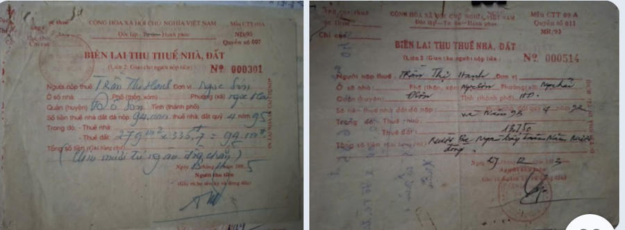Biên lai thu thuế nhà đất năm 1992, 1993, 1995. (Ảnh đương sự cung cấp).