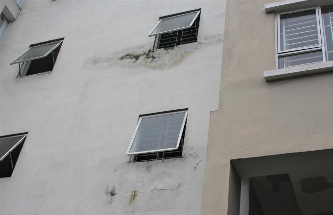 Có thể dễ dàng quan sát các vết rêu mốc xuất hiện chằng chịt khi đi vòng quanh các tòa nhà