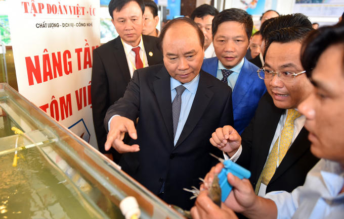 Thủ tướng thăm quan chất lượng tôm giống của tập đoàn Việt-Úc.