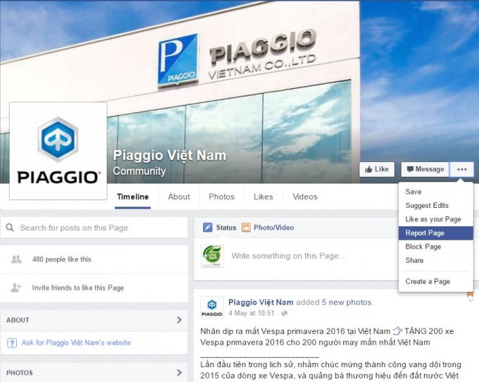 Thao tác gửi báo cáo tới quản trị viên Facebook.