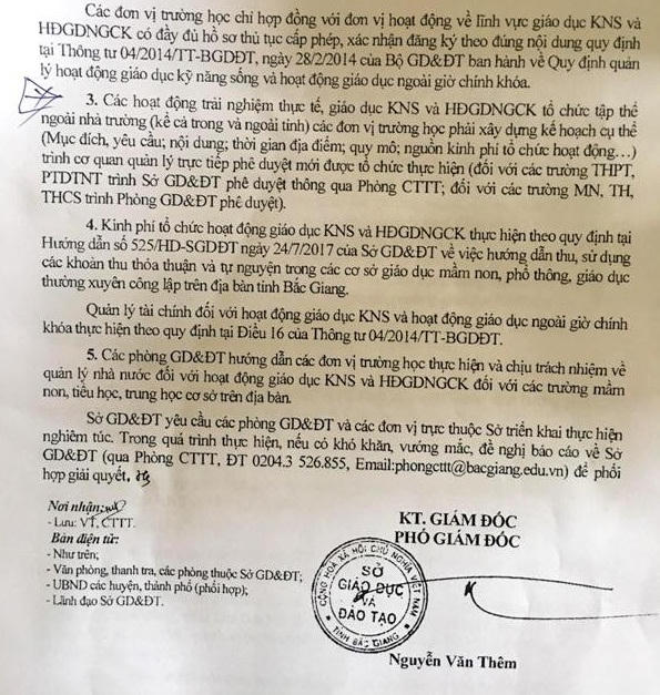 Công văn 906/SGDĐT-CTTT ngày 02/10/2017, của Sở GD&ĐT Bắc Giang về việc hướng dẫn triển khai thực hiện giáo dục kỹ năng sống và hoạt động giáo dục ngoài giờ chính khoá.
