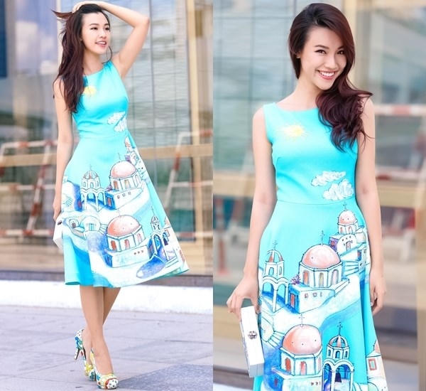 Đầm midi màu xanh dịu mắt của nhà thiết kế Hoàng Quyên là item ''thắp sáng'' vẻ đẹp nữ tính, nhẹ nhàng cho Á hậu Hoàng Oanh.