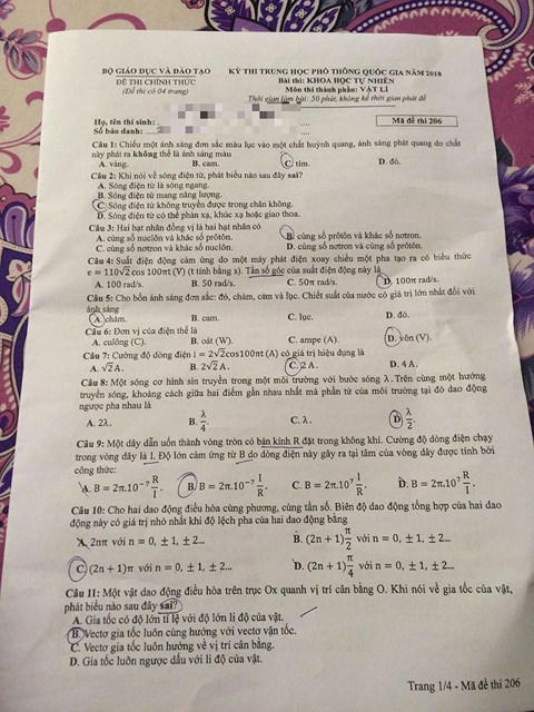 Đề thi môn Vật Lý - mã đề 206.
