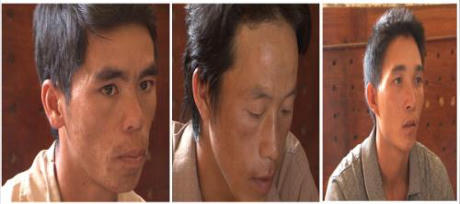 Ba đối tượng: Giàng A Chịa, Giàng A Vư và Sùng A Mang tại cơ quan điều tra (từ trái qua phải). Ảnh: Báo Lai Châu