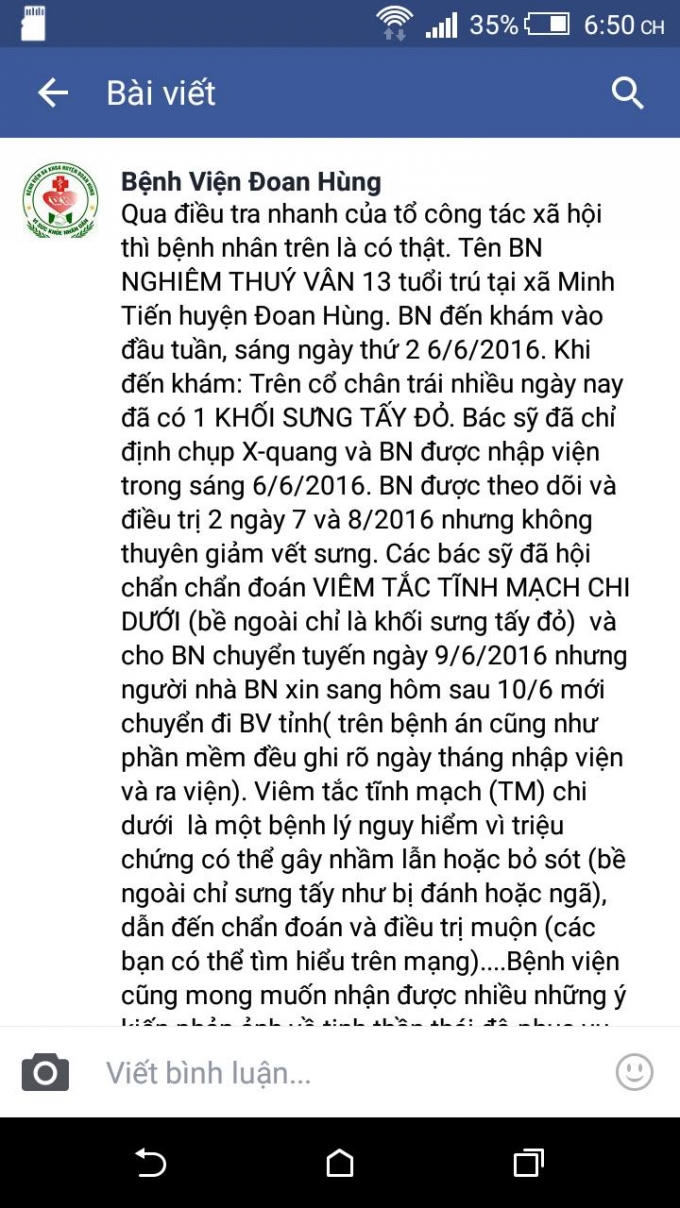 Facbook được cho là của BV đa khoa Đoan Hùng lên tiếng về vụ việc. (nguồn FB)