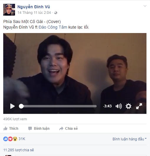 Màn cover "Phía sau một cô gái" của Nguyễn Đình Vũ đã "gây nghiện" không ít giới trẻ. Ảnh chụp màn hình.
