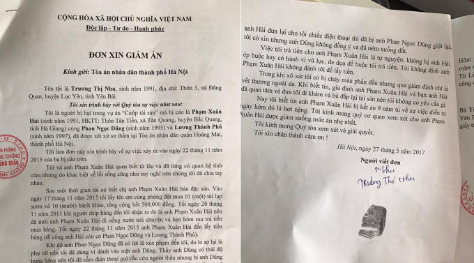 Đơn xin giảm án cho các bị cáo của chị Trương Thị Nhu.