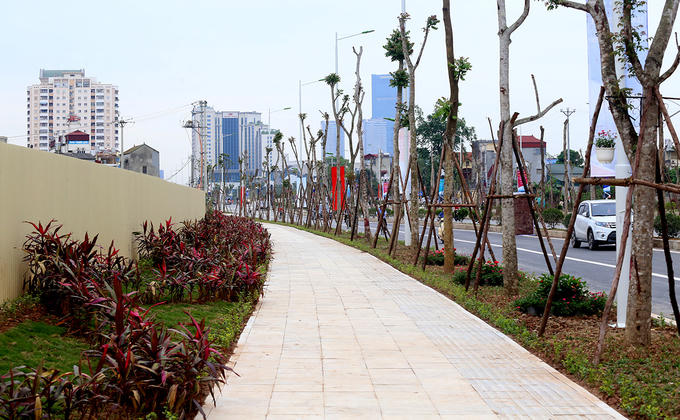 Bề rộng hè đường khoảng 8 m, được lát gạch và trang trí cây xanh.