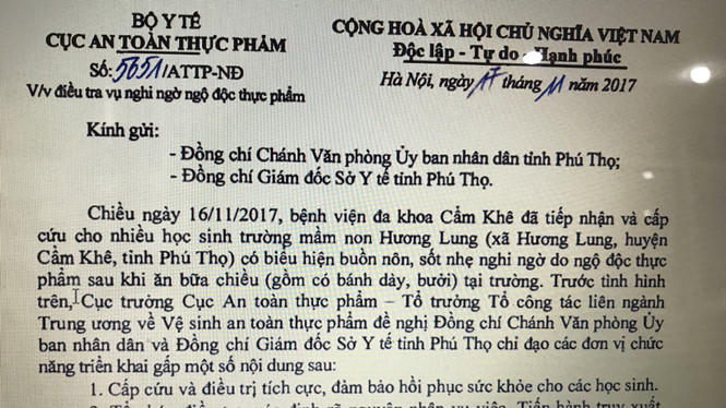 Công văn của Cục ANTP (Bộ Y tế) yêu cầu Sở Y tế Phú Thọ khẩn trương làm rõ nguyên nhân hơn 100 trẻ mầm non bị ngộ độc thực phẩm chiều ngày 16/11.
