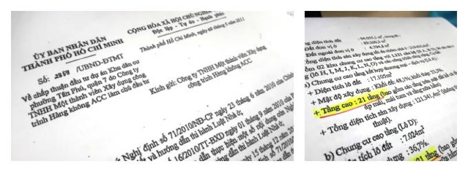 Văn bản do UBND TP HCM ban hành năm 2011 khẳng định dự án được cấp phép xây dựng cao 21 tầng.