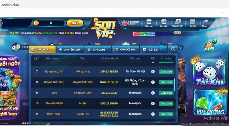 Danh sách đại lý được đăng tải chi tiết, công khai trên sonvip.club