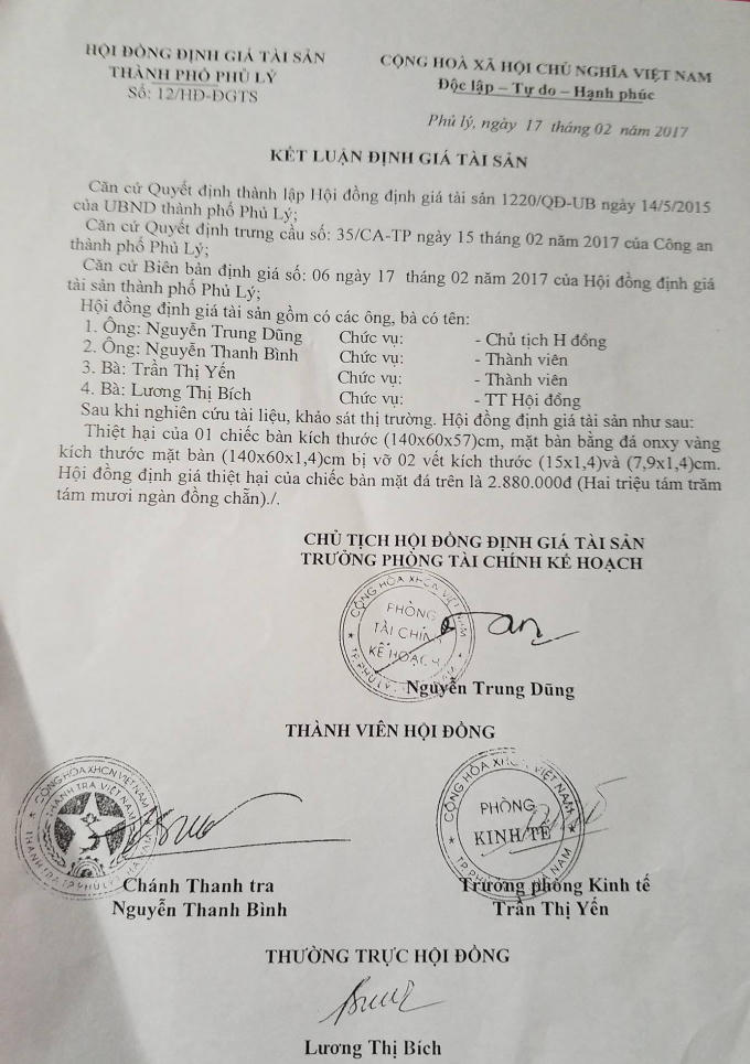 Kết luận định giá tài sản số:12/ĐH-ĐGTS của Hội đồng định giá tài sản TP Phủ Lý, tỉnh Hà Nam.