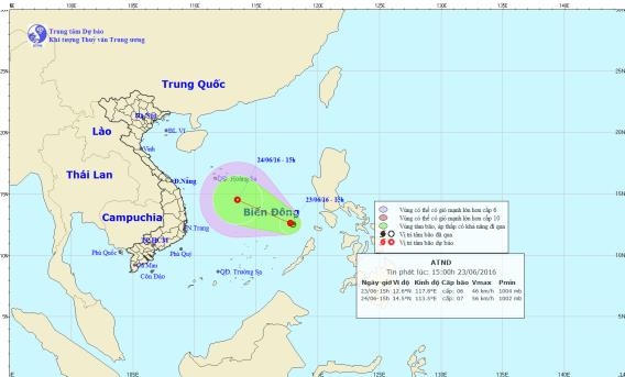 Dự báo trong 24 giờ tới, áp thấp nhiệt đới di chuyển theo hướng Tây Tây Bắc, và có khả năng mạnh thêm. Ảnh: nchmf.gov.vn