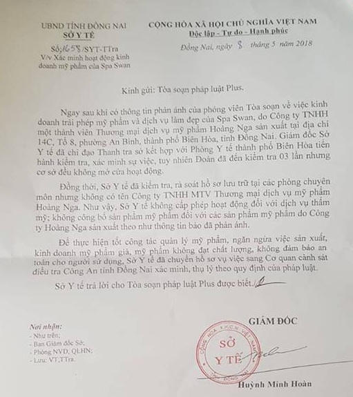Văn bản phản hồi của Sở Y tế cho thấy chưa cấp giấy phép nào cho Công ty Hoàng Nga