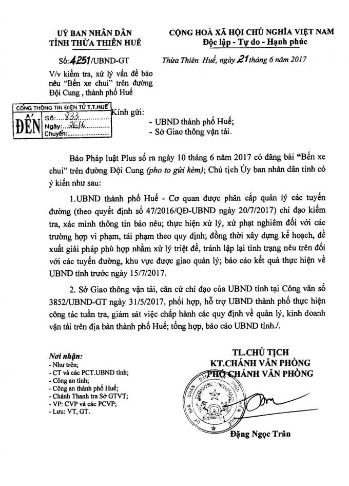 Công văn chỉ đạo xử lý vụ việc mà Pháp luật Plus phản ánh.
