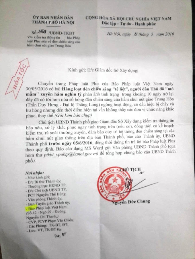 Ngay sau khi Pháp luật Plus phản ánh, Chủ tịch UBND TP Hà Nội đã ra văn bản chỉ đạo xử lý.
