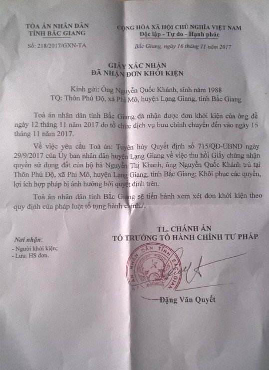 Tòa án nhân dân tỉnh Bắc Giang đã ban hành văn bản xác nhận đã nhận đơn khởi kiện của ông Nguyễn Quốc Khánh.