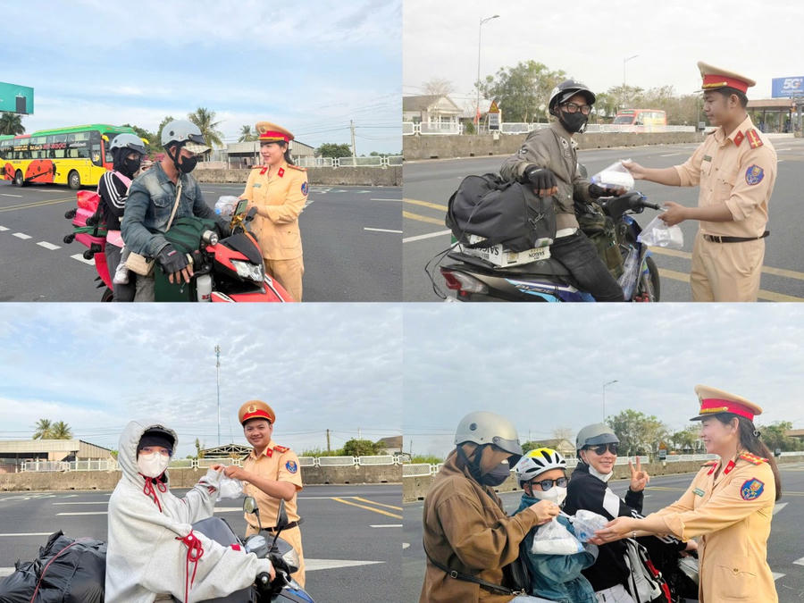 Niềm vui, phấn khởi của người đi đường khi được lực lượng Cảnh sát giao thông tiếp sức trên đường về quê đón Tết.