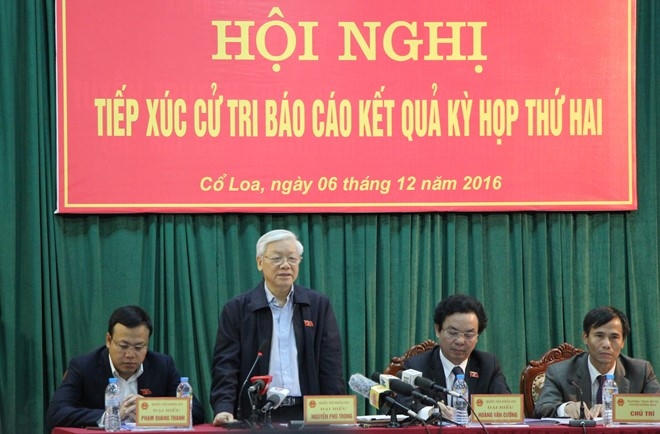 Tổng bí thư Nguyễn Phú Trọng phát biểu trong buổi Tiếp xúc cử tri huyện Đông Anh (Hà Nội). (Ảnh: Zing.vn)