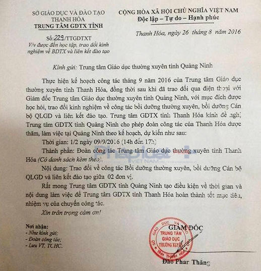 Kế hoạch học tập và trao đổi kinh nghiệm với Trung tâm GDTX vào chiều 9/9. (Ảnh: A.Thắng)