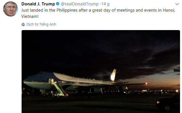 Tổng thống Trump thông báo hạ cánh ở Philippines sau ngày làm việc tuyệt vời ở Hà Nội. (Ảnh: Twitter)