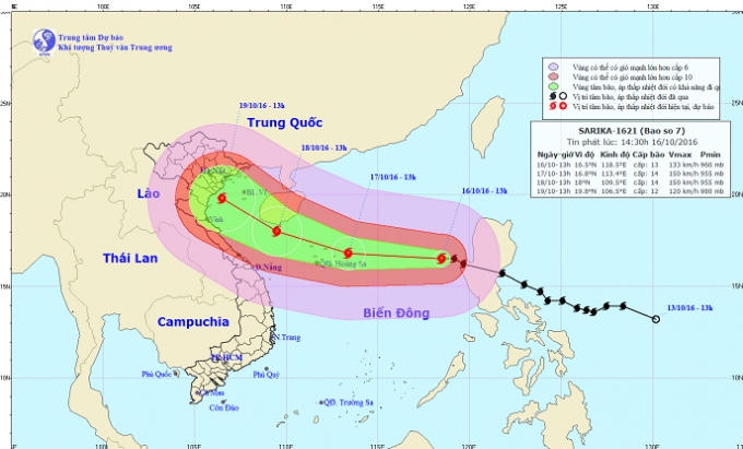 Sơ đồ di chuyển của cơn bão số 7 trên biển Đông.