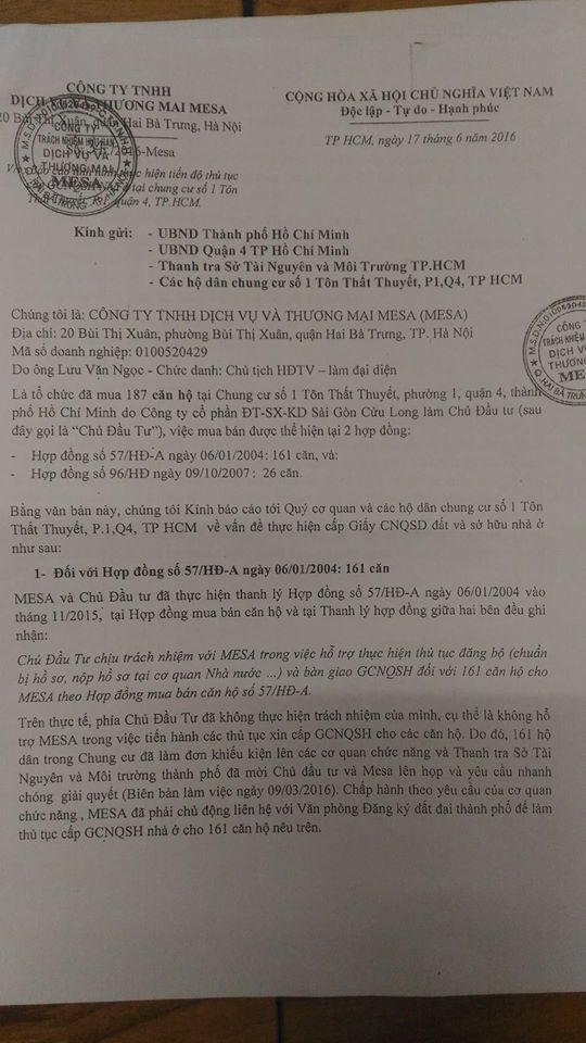  Văn bản Công ty MESA thông báo cho thấy, Công ty CP ĐT-SX-KD Sài Gòn - Cửu Long lật lọng thoả thuận khiến 187 căn hộ không được cấp sổ?