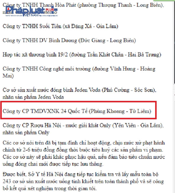 Cơ sở này đã được duyệt vào danh sách "đen" về những cơ sở sản xuất nước không đảm bảo tiêu chuẩn.