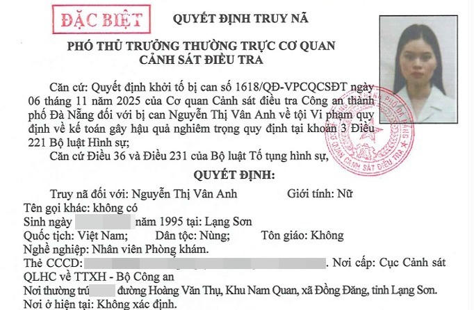 Cơ quan Công an ra quyết định truy nã “ĐẶC BIỆT” đối với Nguyễn Thị Vân Anh.