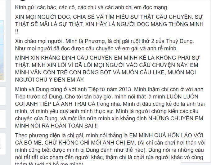 Ảnh chụp màn hình những chia sẻ của người tự xưng là chị gái ruột thứ 2 của Thùy D.