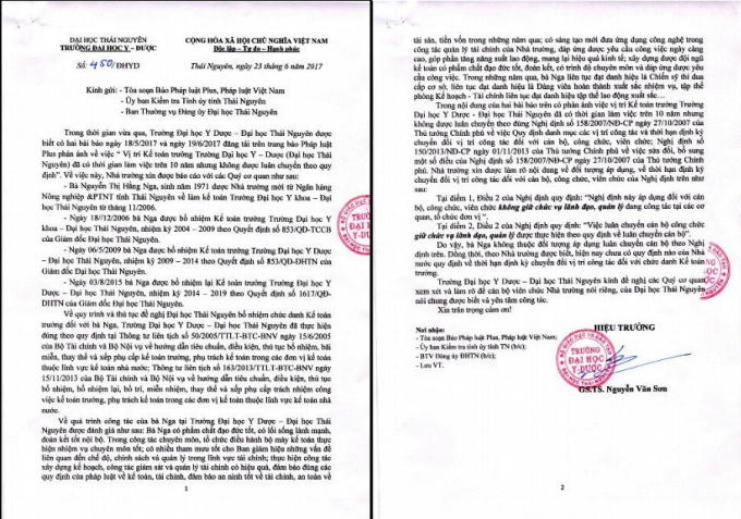 Liên quan đến sự việc, Trường Đại học Y - Dược Thái Nguyên đã có văn bản số 450/ĐHYD gửi tới tòa soạn phản hồi về sự việc.