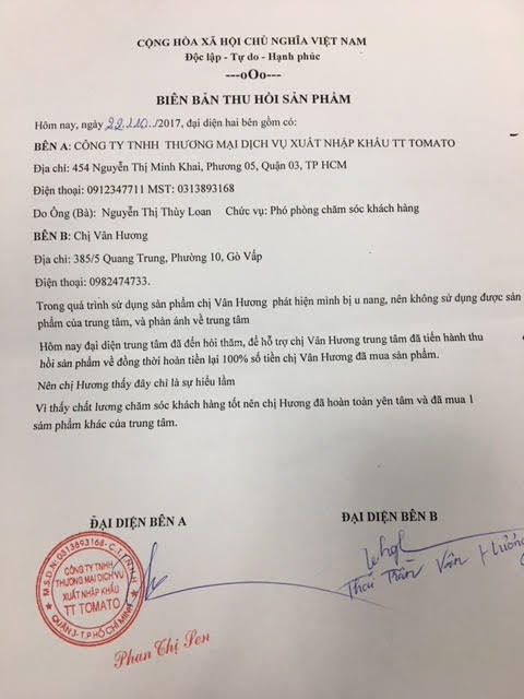 Biên bản thu hổi sản phẩm của Công ty Tomato.