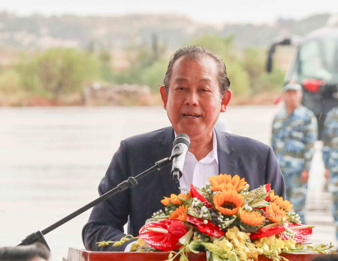 Phó Thủ tướng Thường trực Chính phủ- Trương Hòa Bình phát biểu tại buổi diễn tập. ( Ảnh: Báo Khánh Hòa)