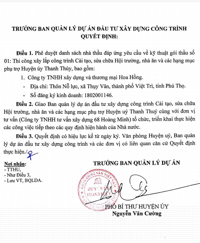 Một quyết định phê duyệt kết quả lựa chọn nhà thầu.