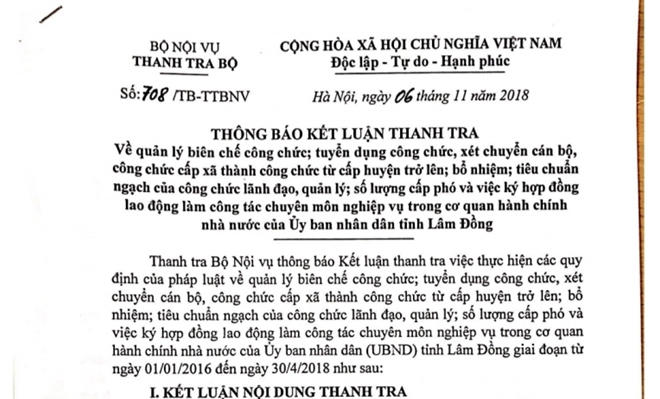 Thông báo kết luận Thanh tra Bộ Nội vụ.