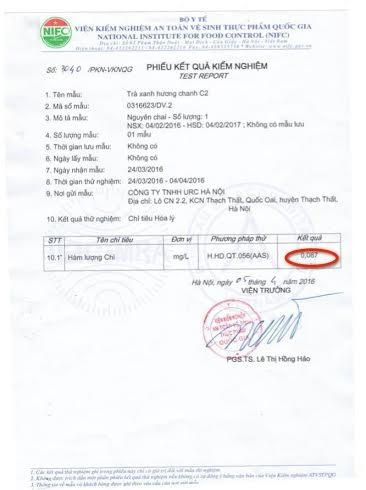 Mẫu kết quả kiểm định bị phát tán cho thấy sản phẩm của URC Việt Nam bị nhiễm chì.