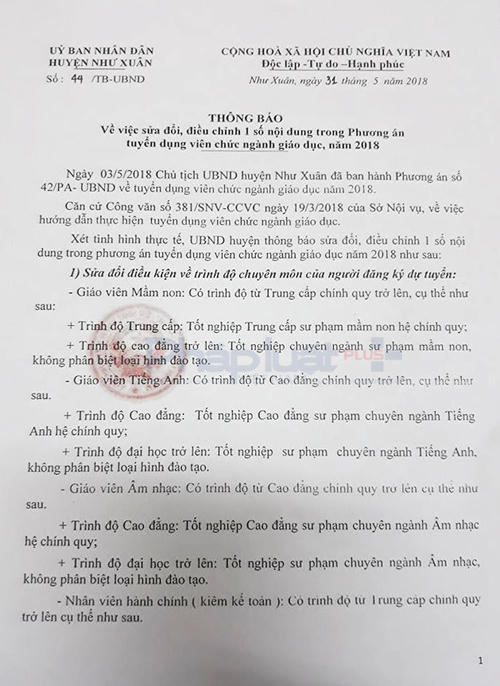 Trước những quy định tự đặt ra đi ngược lại quyền lợi giáo viên, Chủ tịch UBND huyện Như Xuân đã phải ban hành văn bản số 44 điều chỉnh, hủy bỏ việc phận biệt loại hình bằng cấp.
