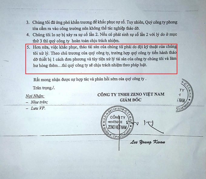Văn bản của Công ty Zeno khẳng định việc khắc phục, tháo dỡ 2 cẩu gãy phải do công ty này xử lý