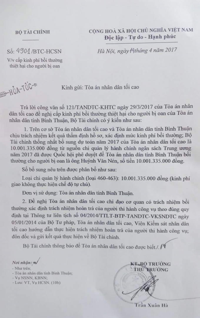 Bộ Tài chính đã thống nhất bổ sung nguồn chi quản lý hành chính ngân sách trung ương hơn 10 tỷ đồng để bồi thường oan sai cho ông Nén.