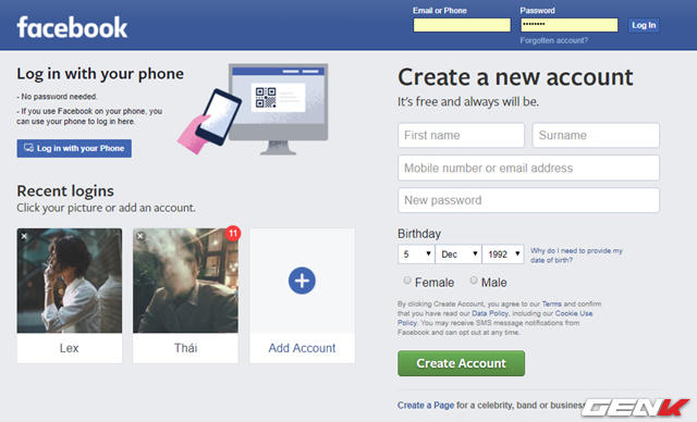 Bước 1: Khởi động trình duyệt web và truy cập vào trang web Facebook, chuyển ngôn ngữ hiển thị sang tiếng Anh. Khi đó, lựa chọn “Log in with your phone” sẽ hiển thị.