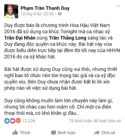 Dòng trạng thái bức xúc của ca sỹ Thanh Duy với BTC cuộc thi Hoa hậu VN.