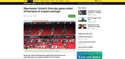 Trang web của hãng thông tấn BBC đăng tải thông tin chính thức hoãn trận đấu MU - Bournemouth.