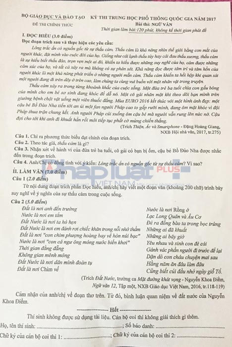 Đề thi v&agrave; b&agrave;i giải m&ocirc;n Văn THPT quốc gia 2017