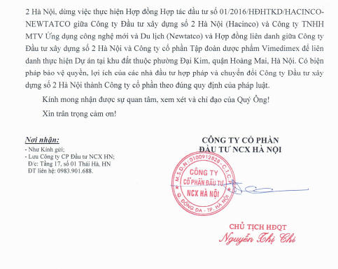 Công ty cổ phần đầu tư NCX Hà Nội có Công văn số 29/2017/NCX gửi Chủ tịch UBND TP Hà Nội Nguyễn Đức Chung