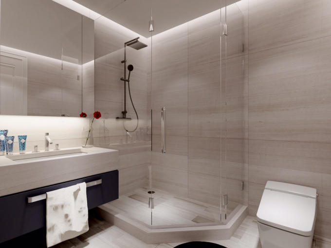 Các thiết bị vệ sinh hiện đại đến từ thương hiệu nổi tiếng. Sự phối màu đồng nhất từ lavabo đến gương, kính phòng tắm đứng với đá ốp tường granite tự nhiên