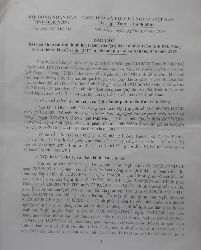 Văn bản số 46/BC-HĐND của Hội đồng nh&acirc;n d&acirc;n&nbsp;tỉnh&nbsp;Đắk N&ocirc;ng chỉ ra nợ xấu của Quỹ qu&aacute; cao.