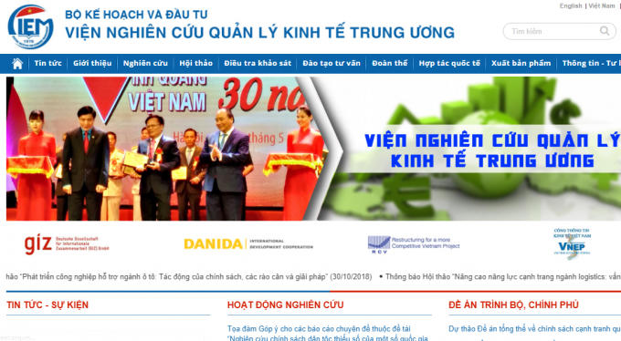 Website Viện Nghiên cứu Quản lý Kinh tế Trung ương. Ảnh: Chụp màn hình