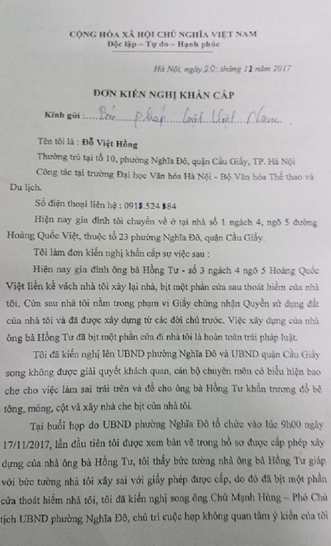 Đơn đề nghị của ông Đỗ Việt Hồng gửi Tòa soạn Phapluatplus.vn.
