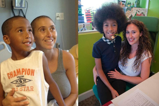 Thầy giáo yoga 11 tuổi Tabay Atkins và mẹ (khi bị bệnh ung thư và sau khi khỏi bệnh). (Ảnh: The Orange County Register)