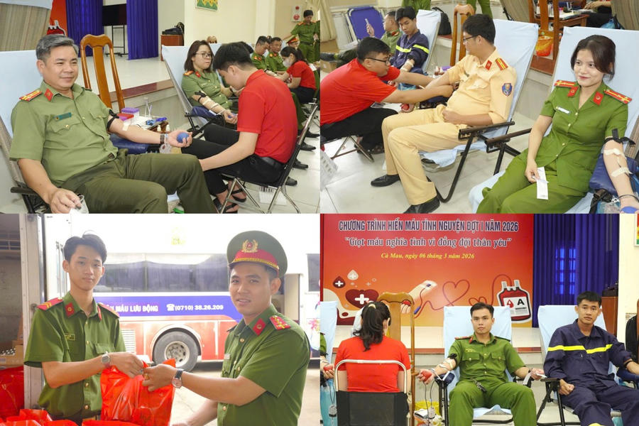 Cán bộ, chiến sĩ Công an tỉnh Cà Mau tích cực tham gia hiến máu tình nguyện.